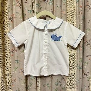Petit Pomme Whale Embroidered Peter Pan Collar Shirt 2T